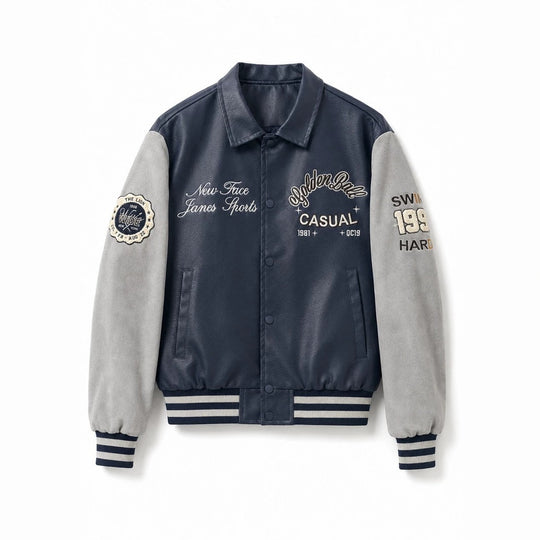 Herren Varsity-Bomberjacke im College-Stil mit Kunstleder-Körper, Veloursleder-Optikärmeln und bestickten Patches Nord Taschen