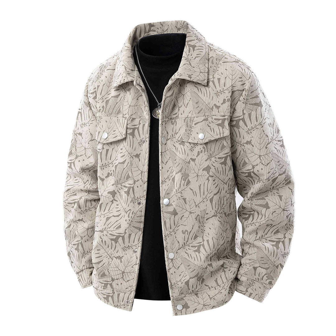 Herren Kordjacke im Truckerstil mit tonalem Blattmuster, Druckknopf‑Front und Pattentaschen Nord Taschen