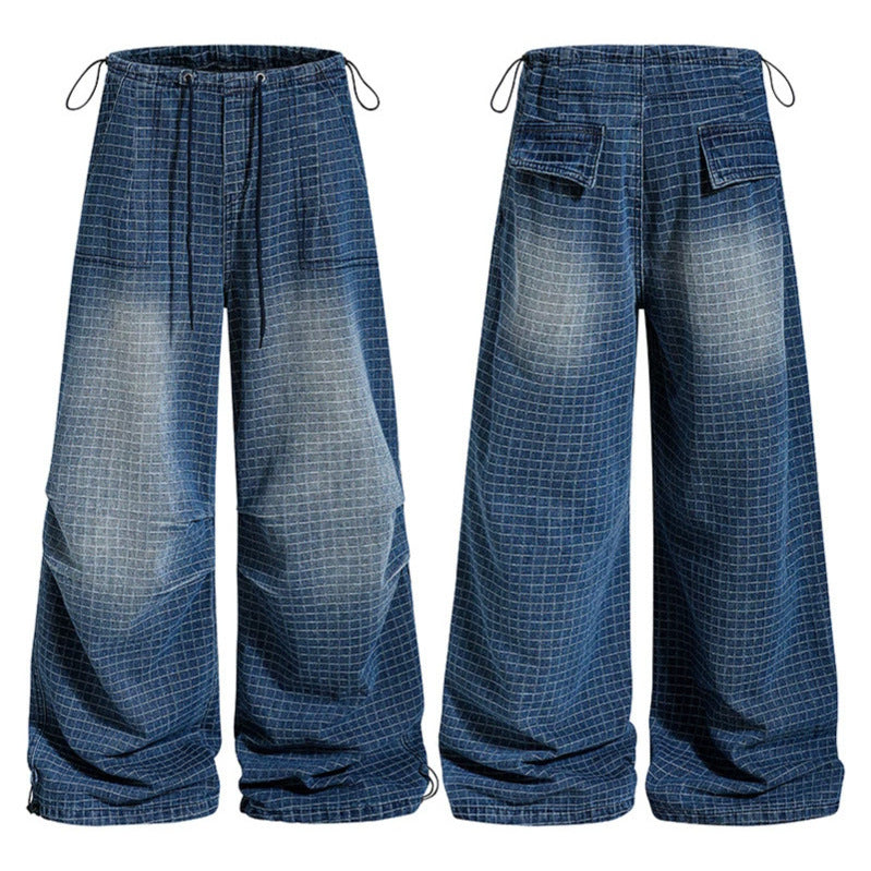 Damen Weite High‑Waist Culotte-Jeans mit Kordelzug, Karomuster und verstellbarem Saum Nord Taschen