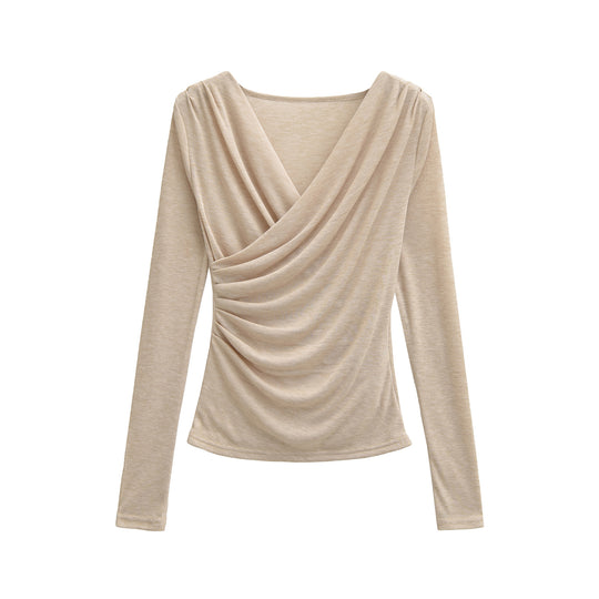 Damen Drapiertes Longsleeve mit V-Ausschnitt und seitlicher Raffung Nord Taschen