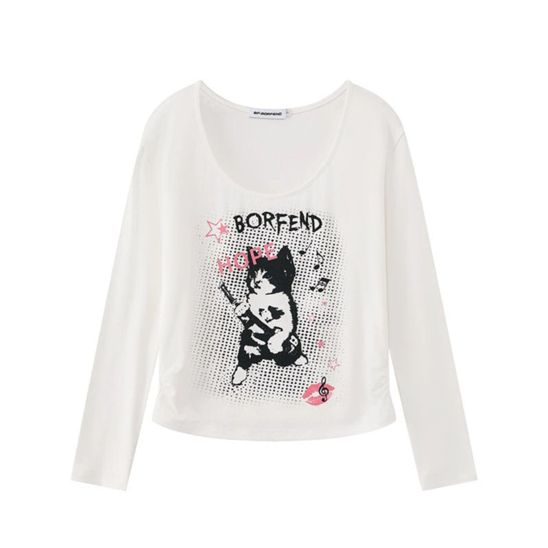 Damen Lagen-Langarmshirt mit Racerback-Innenlayer und Cartoon-Katzenprint Nord Taschen