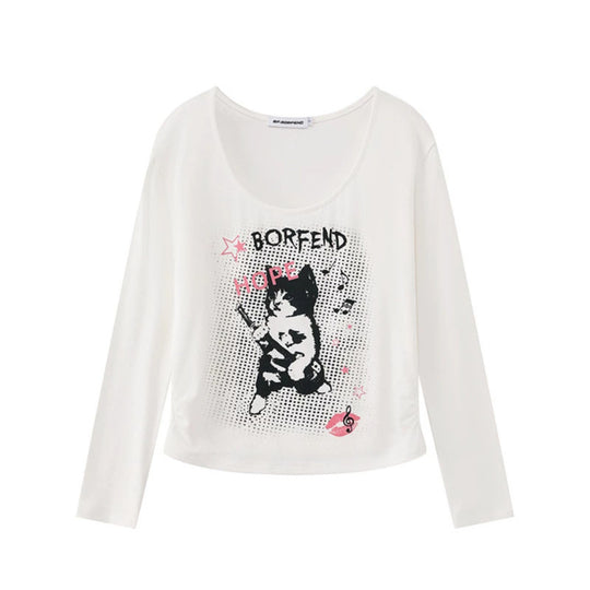 Damen Lagen-Langarmshirt mit Racerback-Innenlayer und Cartoon-Katzenprint Nord Taschen