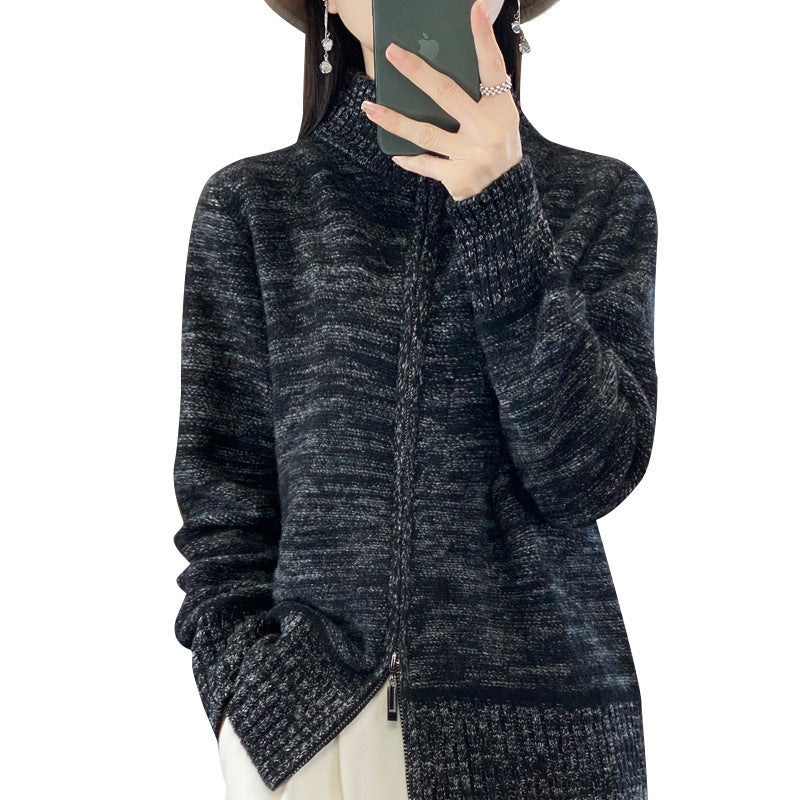 Damen Reißverschluss‑Strickjacke mit melierter Struktur und Stehkragen Nord Taschen