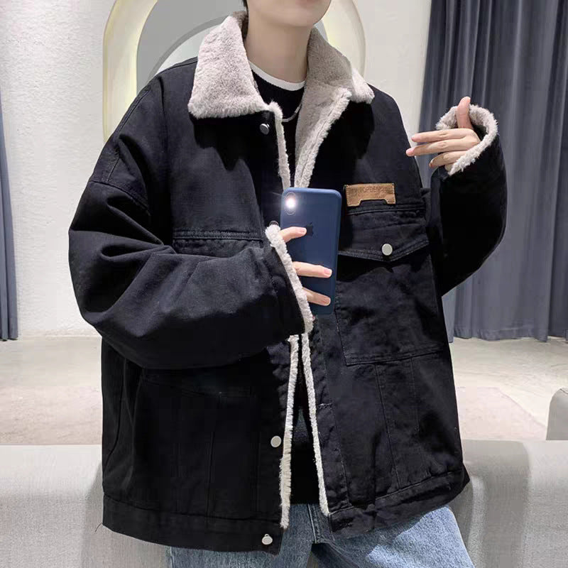 Herren Gefütterte Oversized Denimjacke mit Teddyfutter und Pattentaschen Nord Taschen