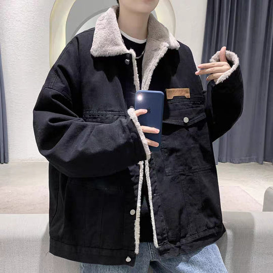 Herren Gefütterte Oversized Denimjacke mit Teddyfutter und Pattentaschen Nord Taschen