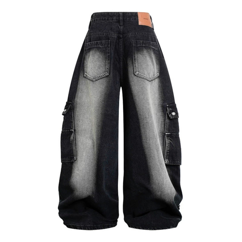 Damen Weite High‑Waist Cargo-Jeans im Baggy-Look mit Distressed-Details und Reißverschluss-Paneel Nord Taschen