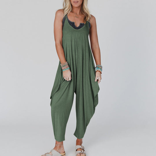 Damen bequemer Jumpsuit mit lässigem Schnitt und tiefem V-Ausschnitt Nord Taschen