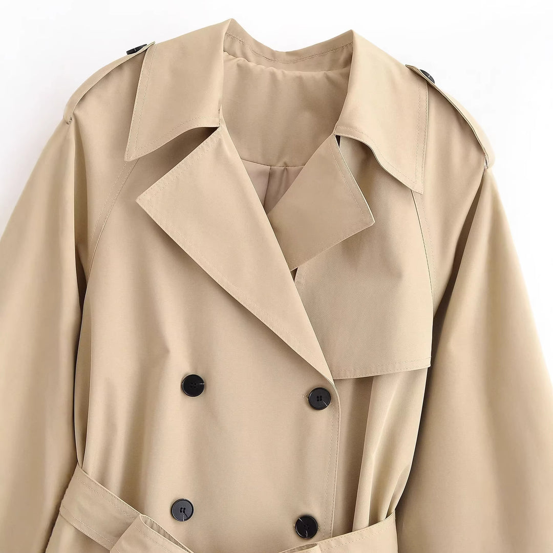 Damen 30+ kurzer taillierter Cropped Trenchcoat mit doppelreihiger Knopfleiste und Bindegürtel Nord Taschen