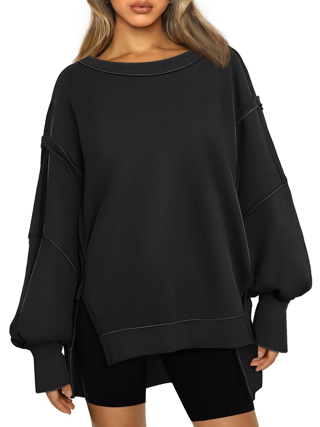 Damen Weiches Longline-Sweatshirt mit Ballonärmeln, seitlichen Schlitzen und geripptem Saum Nord Taschen