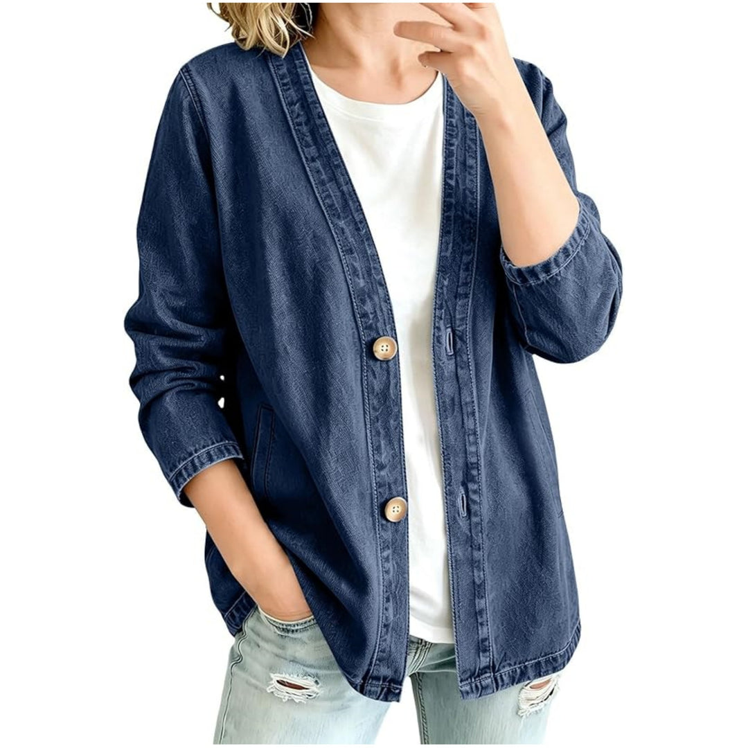 Damen Oversize Jeansjacke im Kimono-Stil mit Holzknöpfen Nord Taschen