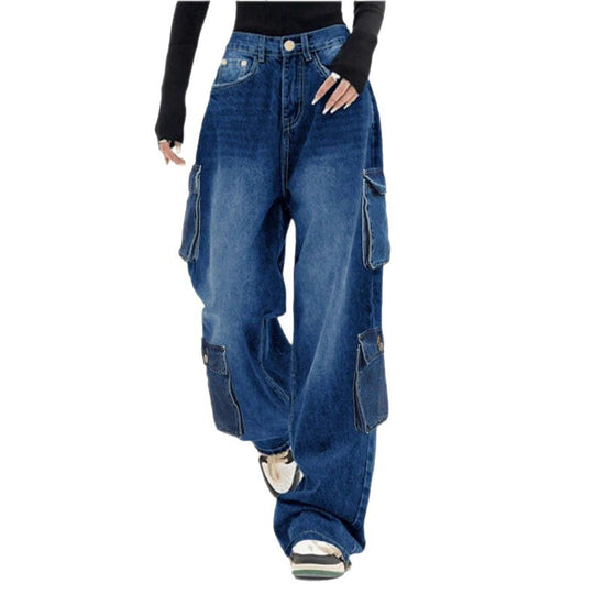 Damen Weite High-Waist Cargo-Jeans im Baggy-Schnitt mit Mehrfach-Taschen Nord Taschen