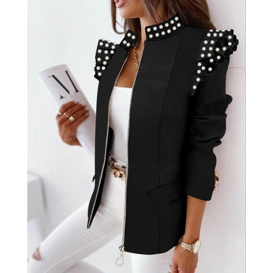 Damen Leoprint-Statement-Jacke mit Rüschen-Schulter und Reißverschluss Nord Taschen