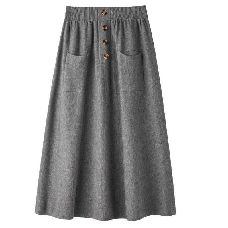 Damen Midirock aus Wollmix mit A‑Linie, elastischem Rippbund, Zierriegel‑Knopfleiste und aufgesetzten Taschen Nord Taschen