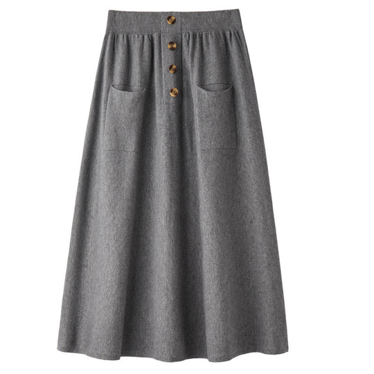 Damen Midirock aus Wollmix mit A‑Linie, elastischem Rippbund, Zierriegel‑Knopfleiste und aufgesetzten Taschen Nord Taschen