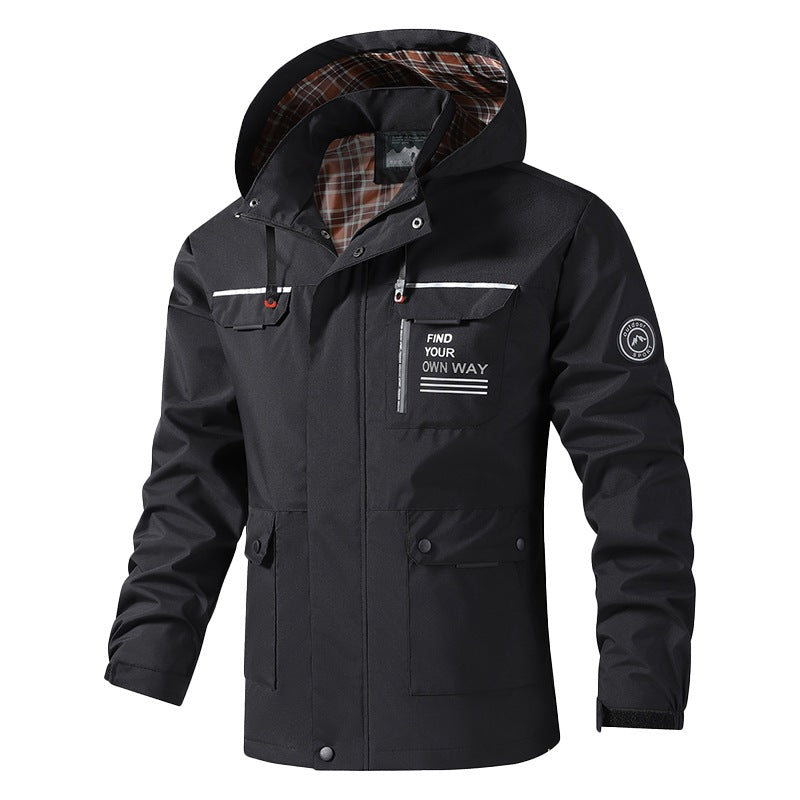 Herren Atmungsaktive wasserabweisende Kapuzen-Outdoorjacke mit kariertem Innenfutter, Multifunktions-Taschen & verstellbarer Kapuze Nord Taschen