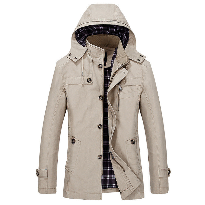 Herren mittellanger Kapuzenparka mit kariertem Innenfutter und verdeckter Zip‑Knopfleiste Nord Taschen