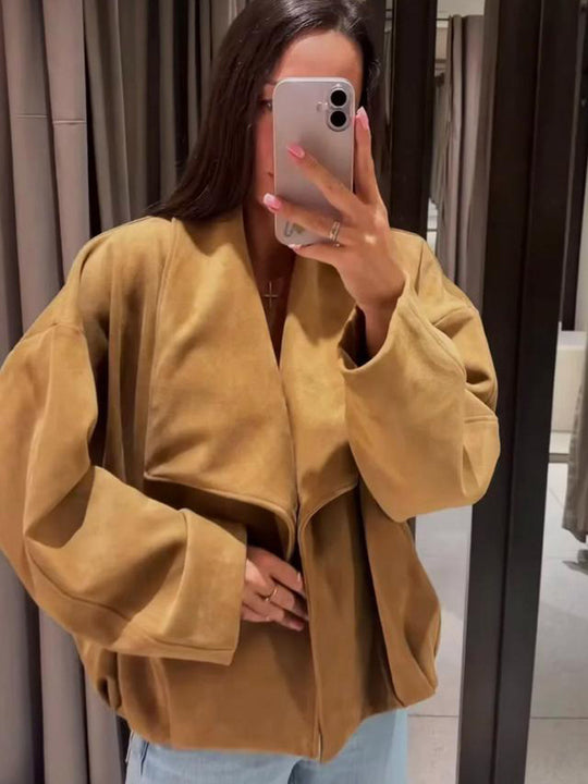 Damen Oversized Velours‑Wasserfalljacke mit kastiger Cropped‑Silhouette und verdeckter Verschlussleiste Nord Taschen