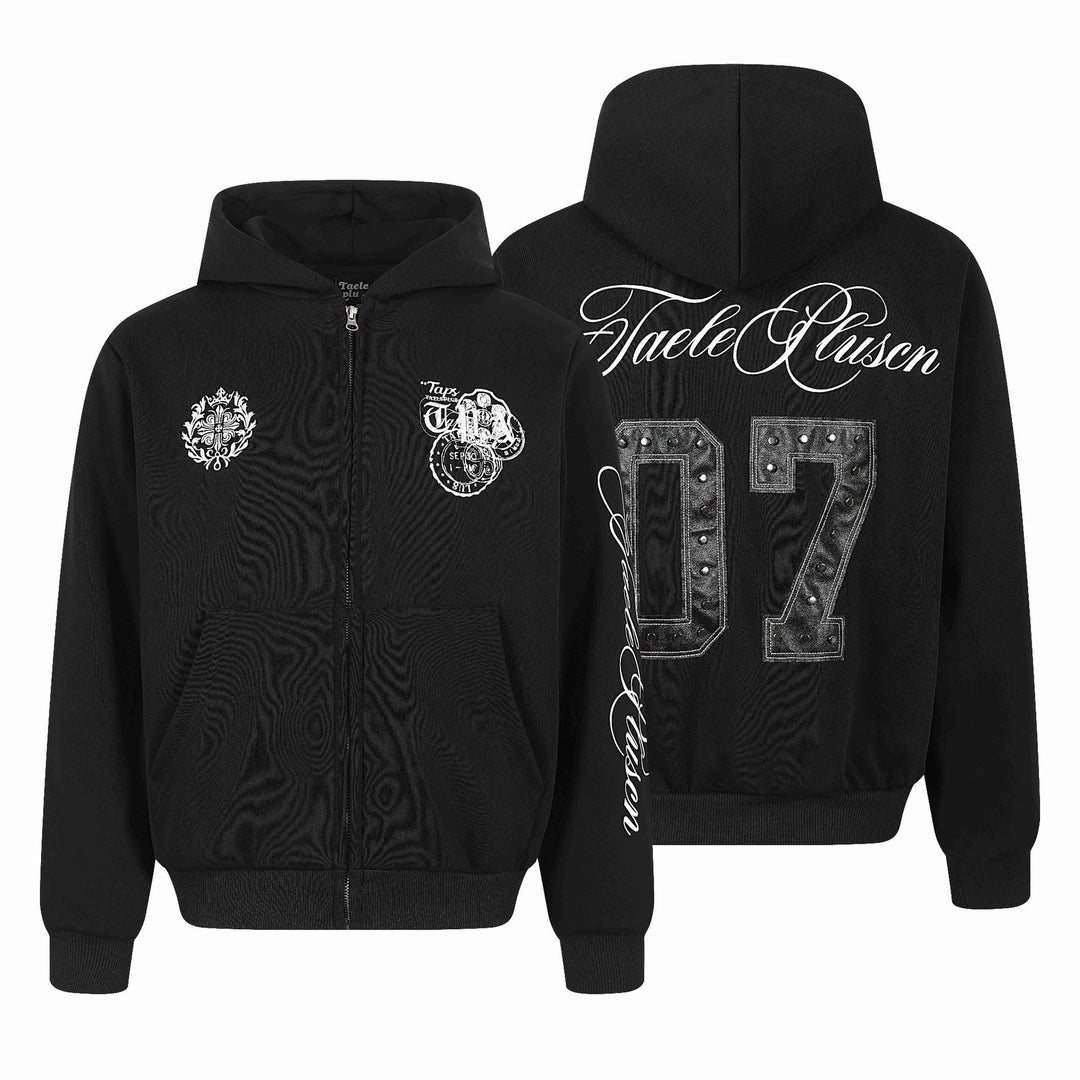 Unisex Kapuzen‑Sweatjacke mit durchgehendem Reißverschluss, Kängurutasche und ornamentalen Siegel‑Prints Nord Taschen