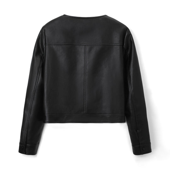 Damen Kurzjacke aus Kunstleder mit Rundhals, Druckknopfverschluss und aufgesetzten Taschen Nord Taschen