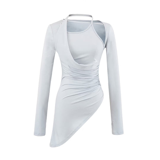 Damen Figurbetontes Langarm-Midikleid mit asymmetrischem Saum, Raffung und Neckholder Nord Taschen