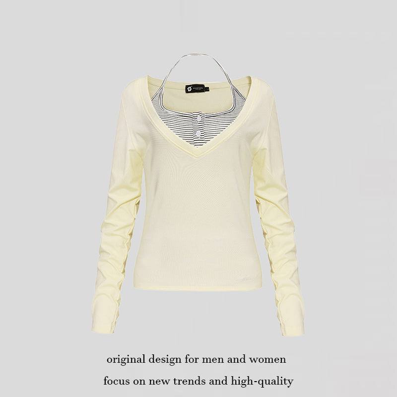 Damen Langarm-Shirt mit doppeltem Layer‑Effekt, tiefem V‑Ausschnitt und gestreiftem Einsatz Nord Taschen