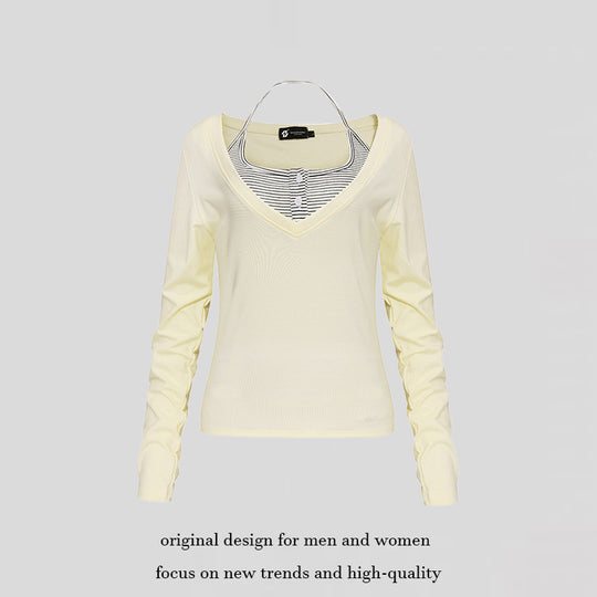 Damen Langarm-Shirt mit doppeltem Layer‑Effekt, tiefem V‑Ausschnitt und gestreiftem Einsatz Nord Taschen