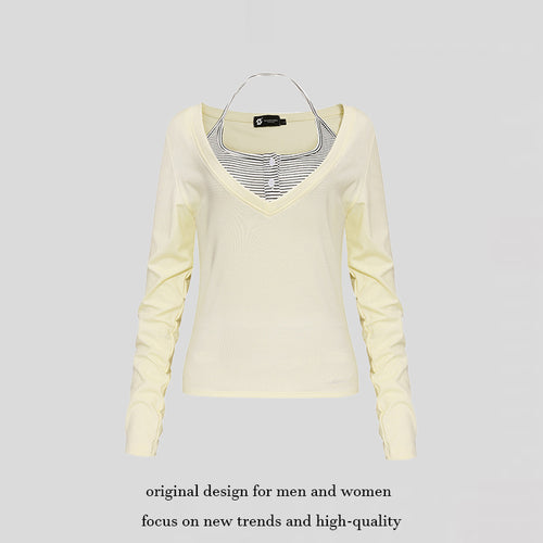 Damen Langarm-Shirt mit doppeltem Layer‑Effekt, tiefem V‑Ausschnitt und gestreiftem Einsatz Nord Taschen