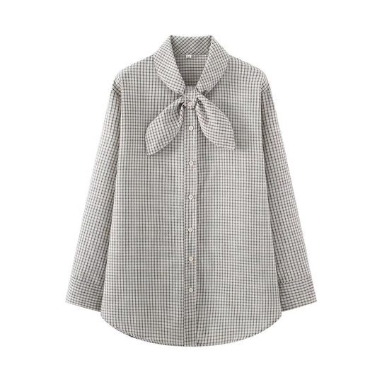 Damen Karierte Bluse mit Schleifenkragen und Oversize-Schnitt Nord Taschen