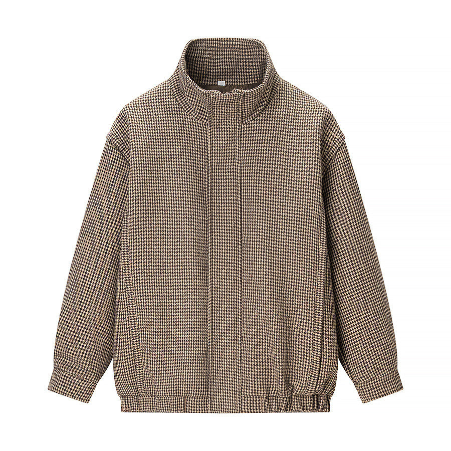 Damen Kurze Boxy-Übergangsjacke im Hahnentritt mit Stehkragen und Gummibund Nord Taschen