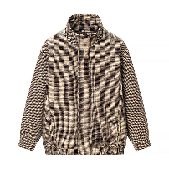 Damen Kurze Boxy-Übergangsjacke im Hahnentritt mit Stehkragen und Gummibund Nord Taschen