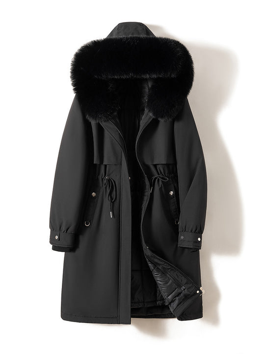 Damen nan langer wasserabweisender Parka mit voluminöser Kunstfellkapuze, taillierbarem Tunnelzug und gesteppter Thermo-Innenjacke Nord Taschen