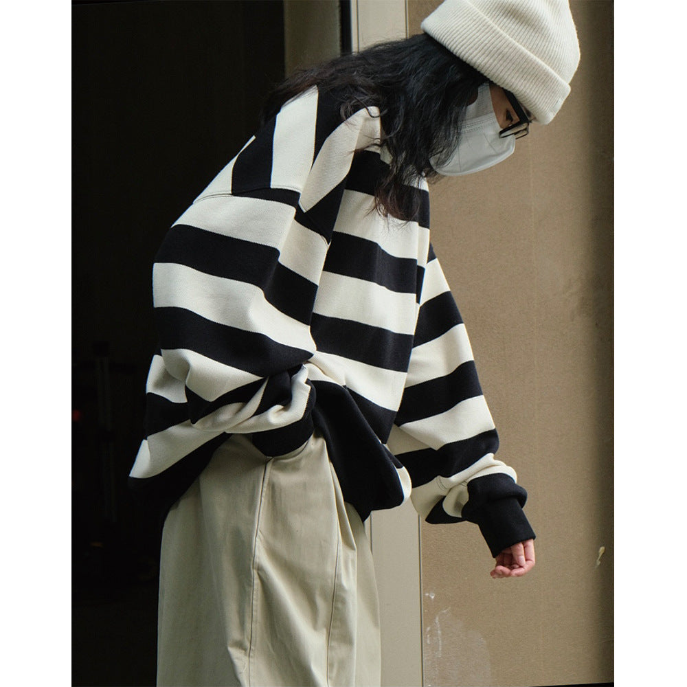 Damen Oversized Baumwollmix-Strickpullover mit breiten Blockstreifen und überschnittener Schulter Nord Taschen