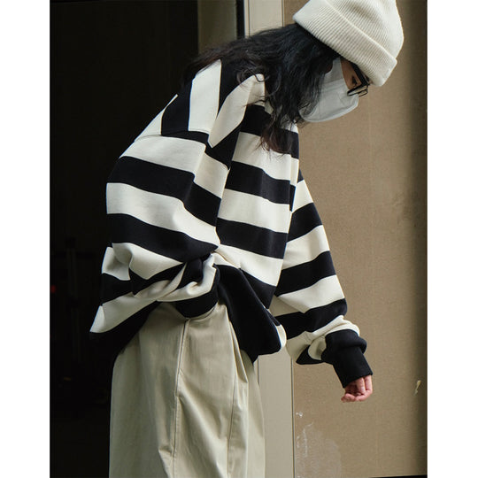 Damen Oversized Baumwollmix-Strickpullover mit breiten Blockstreifen und überschnittener Schulter Nord Taschen