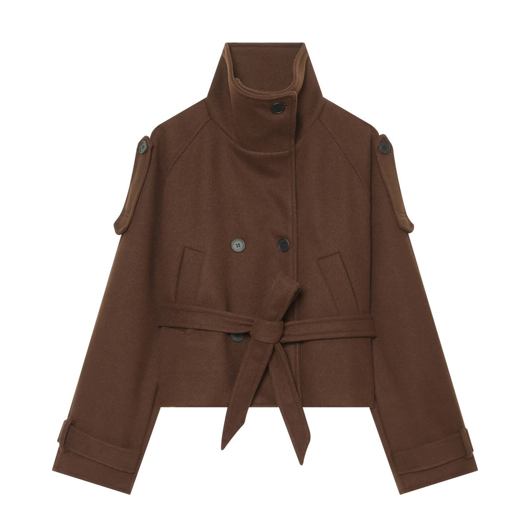 Damen Kurze Wollmix-Capejacke mit Taillengürtel und Funnelkragen Nord Taschen