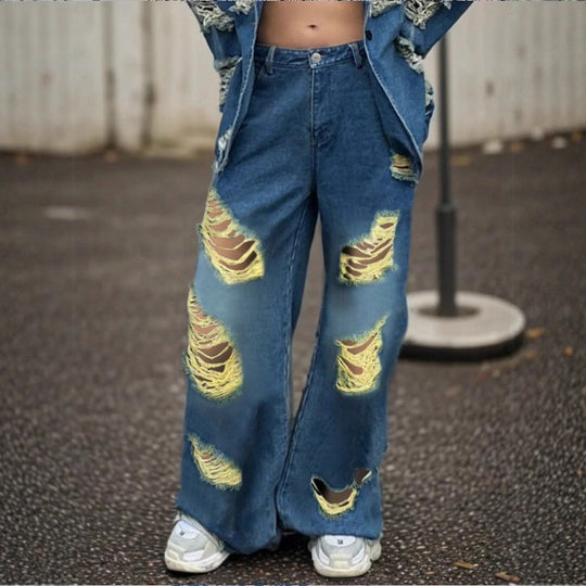 Damen weite Destroyed-Denim-Jeans mit Neonfransen-Applikation Nord Taschen