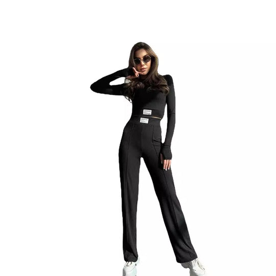 Damen Geripptes Zweiteiliges Loungewear-Set mit kurzem Langarmtop und High-Waist Weitbein-Hose Nord Taschen