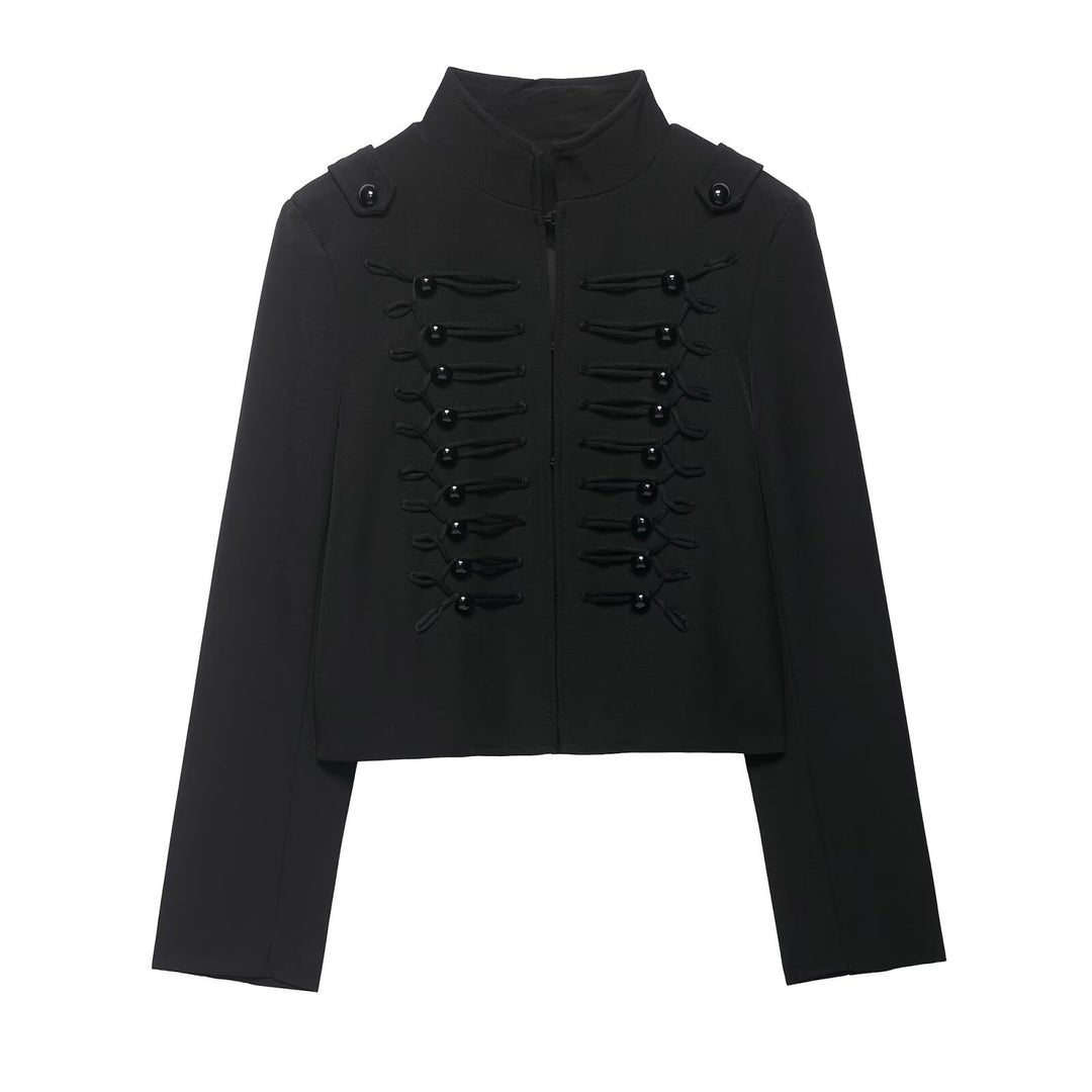 Damen Cropped Militärblazer mit Stehkragen und dekorativen Froschverschlüssen Nord Taschen