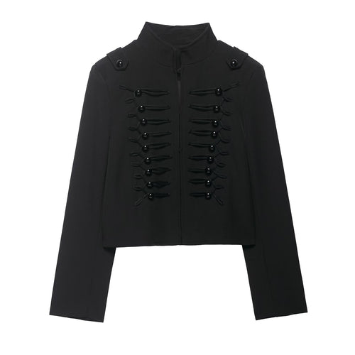 Damen Cropped Militärblazer mit Stehkragen und dekorativen Froschverschlüssen Nord Taschen