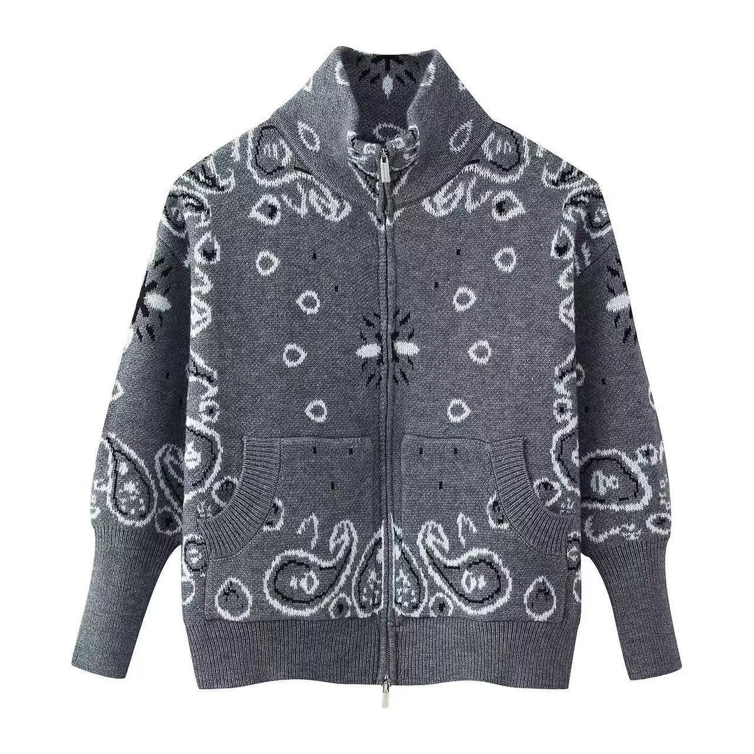 Damen Grobgestrickte Strickjacke mit Reißverschluss, Paisley‑Jacquard und Stehkragen Nord Taschen