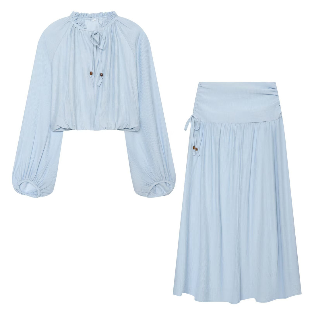 Damen Leichtes plissiertes Crop-Top mit Rüschenkragen und Kordelzug Nord Taschen