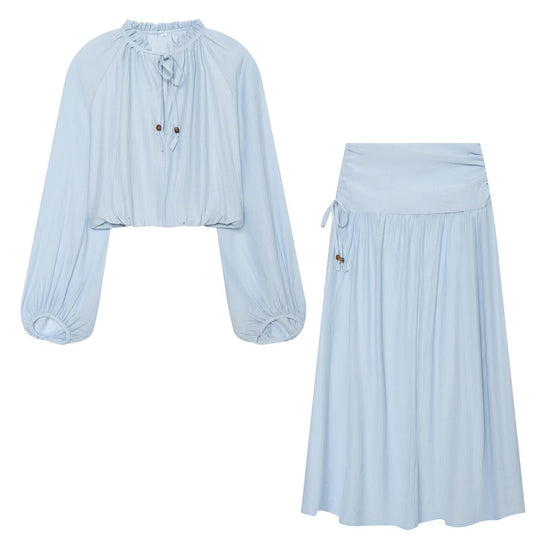 Damen Leichtes plissiertes Crop-Top mit Rüschenkragen und Kordelzug Nord Taschen