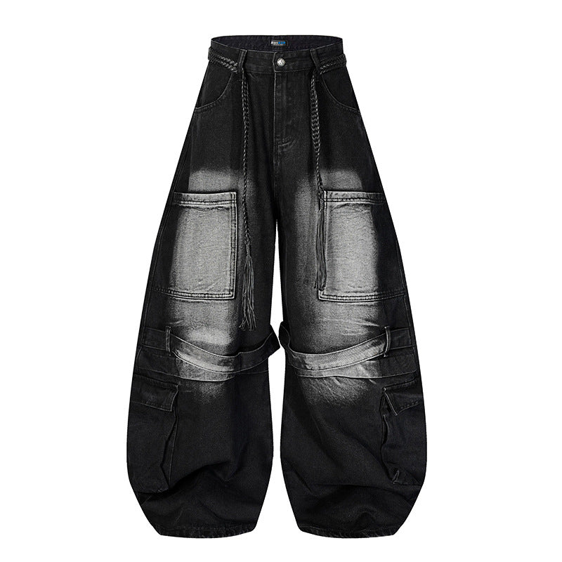 Damen Weite Denim-Cargo-Hose im Balloon-Schnitt mit großen Aufsatztaschen und geflochtenem Gürtel Nord Taschen