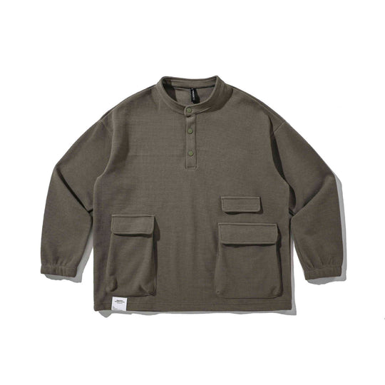 Herren Waffelstrick-Henley-Pullover mit Stehkragen, Druckknopfleiste und großen Utility-Taschen Nord Taschen
