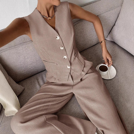 Damen Eleganter Anzug mit ärmellosem Blazer und weiten Hosen Nord Taschen