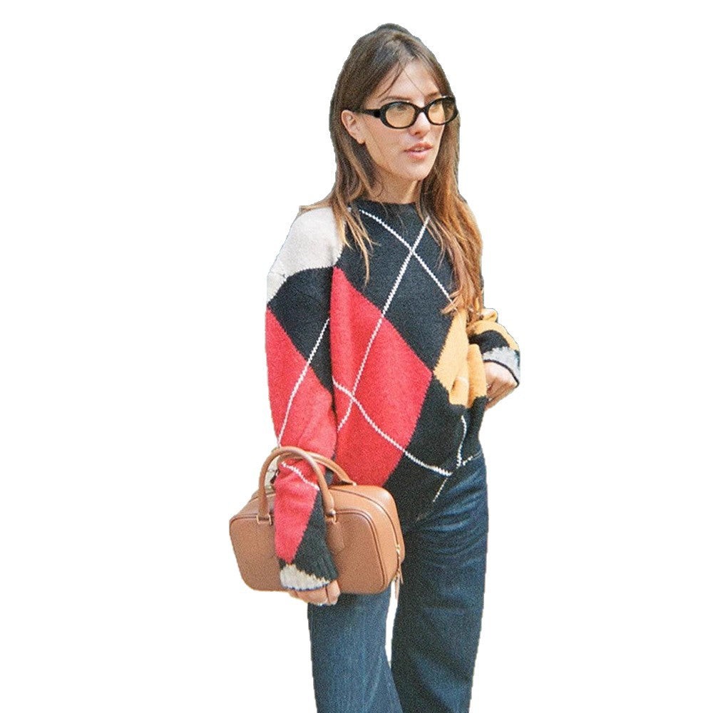 Damen Oversize Argyle-Pullover aus Mohair-Mix mit Rundhalsausschnitt und kontrastierenden Rautendetails Nord Taschen