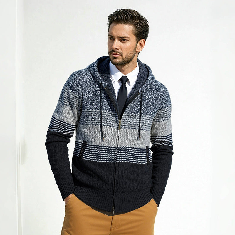 Herren Kapuzen-Strickzipjacke mit farbverlaufendem Blockstreifenmuster und thermischer Struktur Nord Taschen