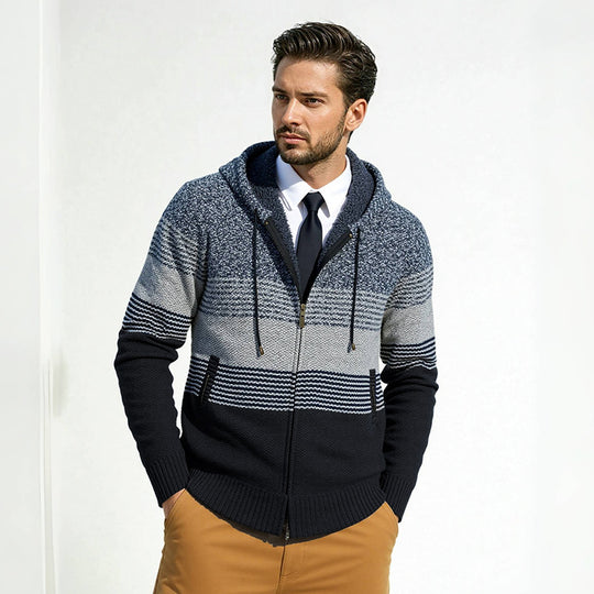Herren Kapuzen-Strickzipjacke mit farbverlaufendem Blockstreifenmuster und thermischer Struktur Nord Taschen