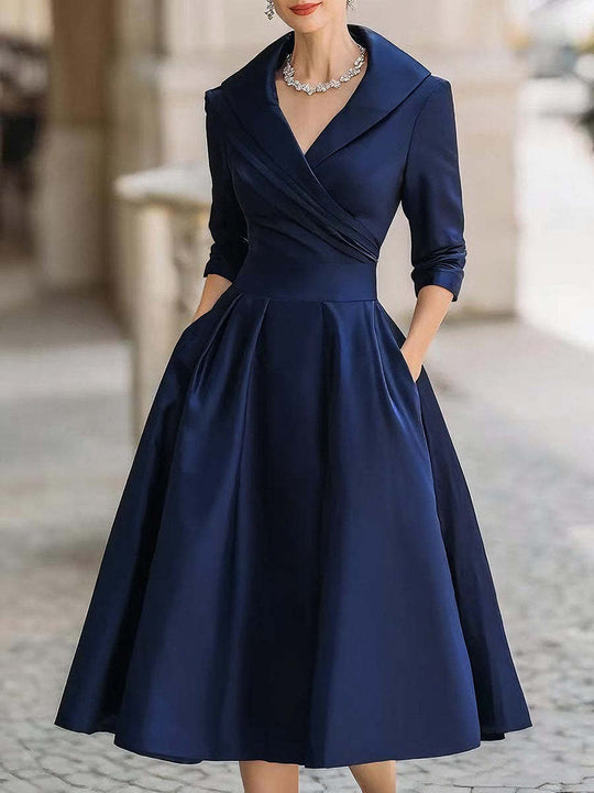 Damen Elegantes Satin-Midikleid mit Wickeloberteil, mittellangen Ärmeln und Eingrifftaschen Nord Taschen