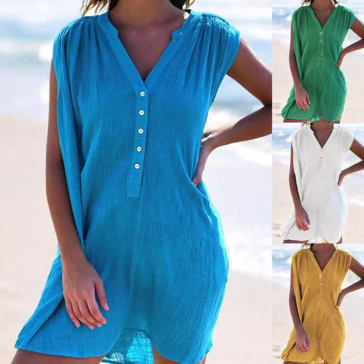 Damen Sommerliches Strandkleid mit kurzer Knopfleiste und V-Ausschnitt