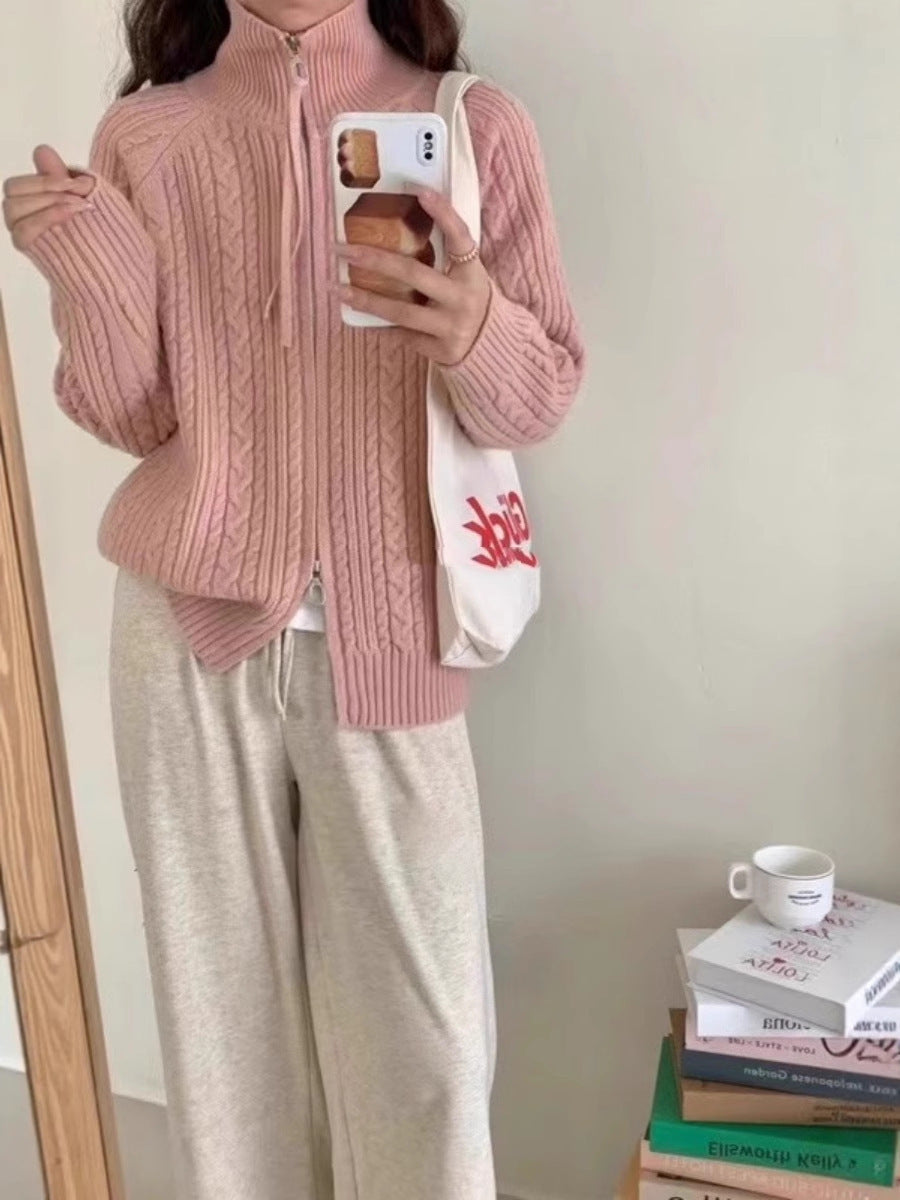 Damen Kastiger Zopfstrick‑Cardigan mit Zweiwege‑Reißverschluss, Stehkragen und breitem Rippsaum Nord Taschen